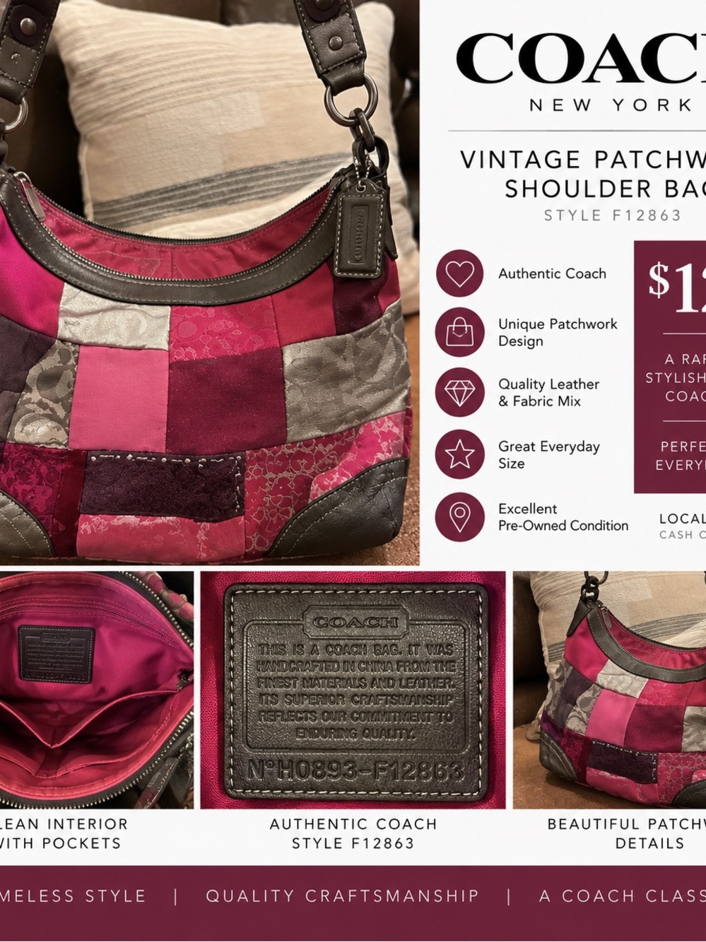 COACH Pink Patchwork Leather & Fabric Shoulder Bag